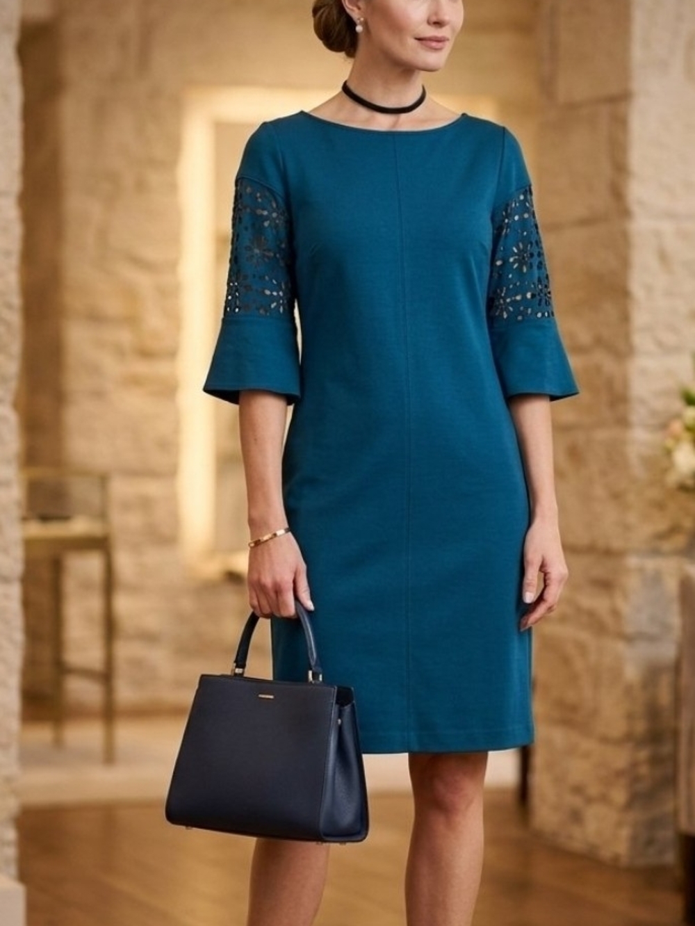 ADRIANNA PAPELL.Elegant Teal Lace-Sleeve Shift Dress - Women.